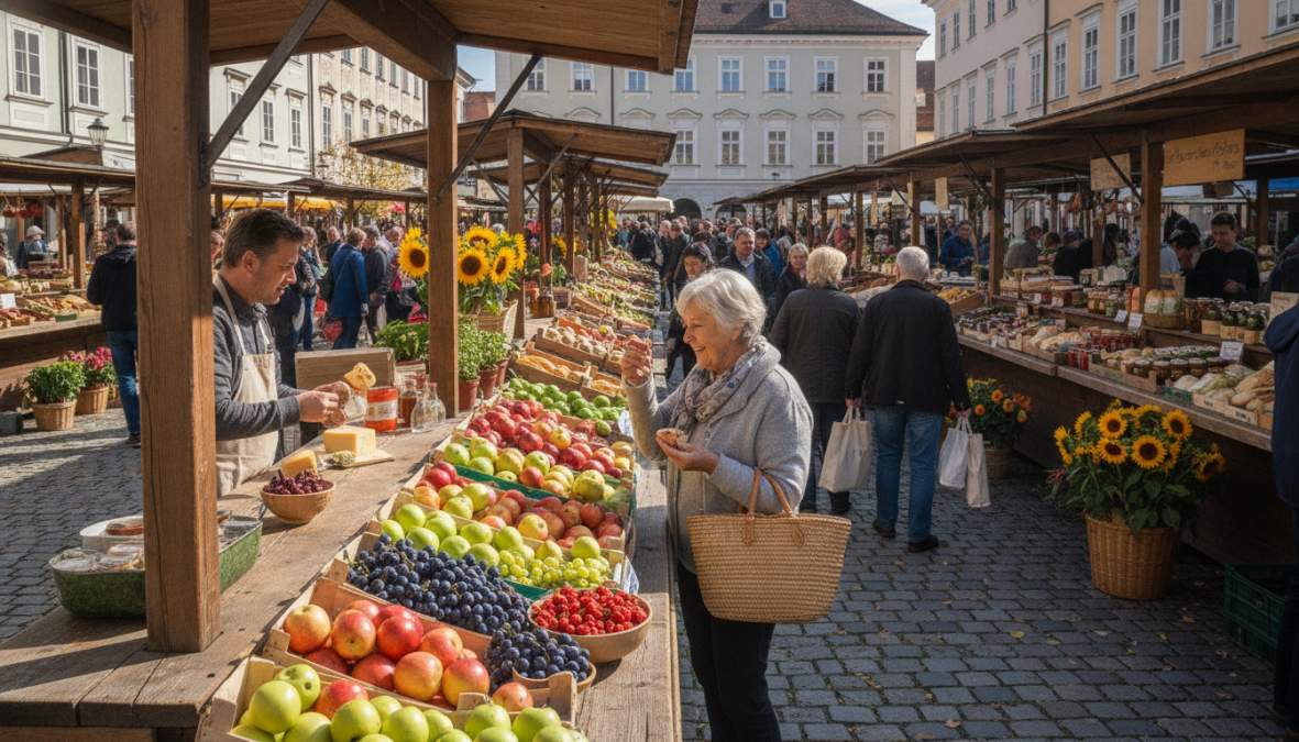Belebter österreichischer Bauernmarkt am Vormittag mit Holzständen voller frisches Gemüse, Obst und regionaler Produkte, Kunden im Gespräch mit Verkäufern in Schürzen, warmes Morgenlicht