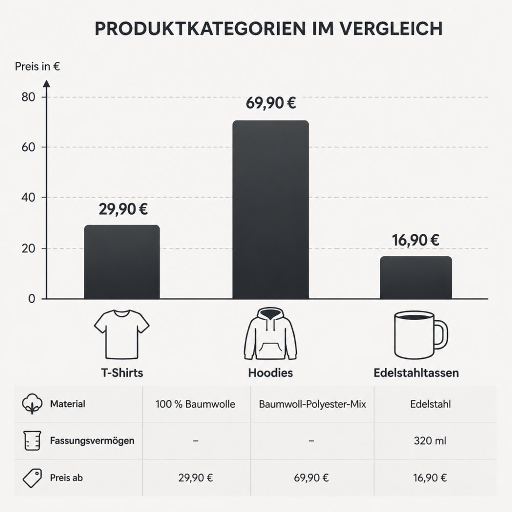 Balkendiagramm-Vergleich der Produktkategorien der Brandenburg Kollektion: T-Shirts ab 29,90 Euro aus 100 Prozent Baumwolle, Hoodies ab 69,90 Euro aus Baumwoll-Polyester-Mix, Edelstahltassen ab 16,90 Euro mit 320 ml Fassungsvermögen
