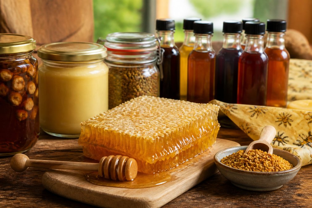 Frische Honigwaben und handwerklich hergestellte Bienenprodukte auf rustikalem Holztisch, mit natürlichem Licht und regionalen Zutaten arrangiert