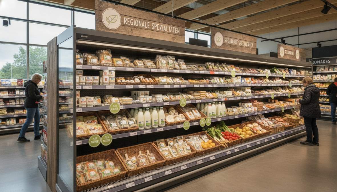 Kundin betrachtet im Supermarkt regionale Produkte, die zur besseren Vermarktung mit Herkunftskennzeichnungen präsentiert ...