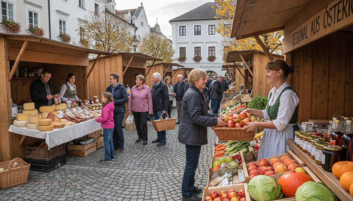 Bunte Stände auf einem österreichischen Bauernmarkt mit frischem Gemüse und regionalen spezialitäten beim Einkauf.