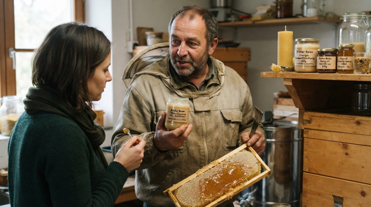 Glas mit cremigem regionalem Honig von einem lokalen Imker, das natürliche Kristallisation zeigt, mit Wabe und Bienen im unscharfen Hintergrund