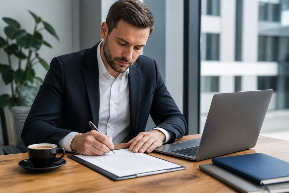 A business person in a modern office signing legal documents at a wooden desk, laptop open beside them and a cup of coffee within reach, natural daylight from a window