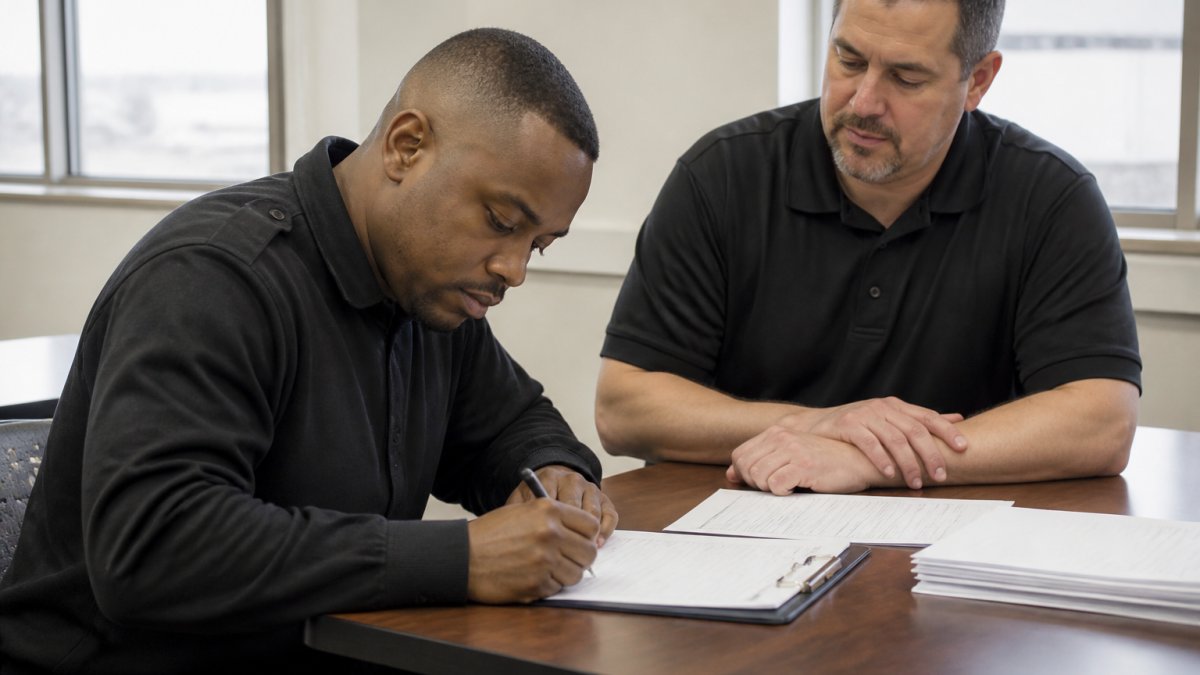 Prospective security guard sitting at training center desk completing registration paperwork with instructor present, natural office lighting, professional setting