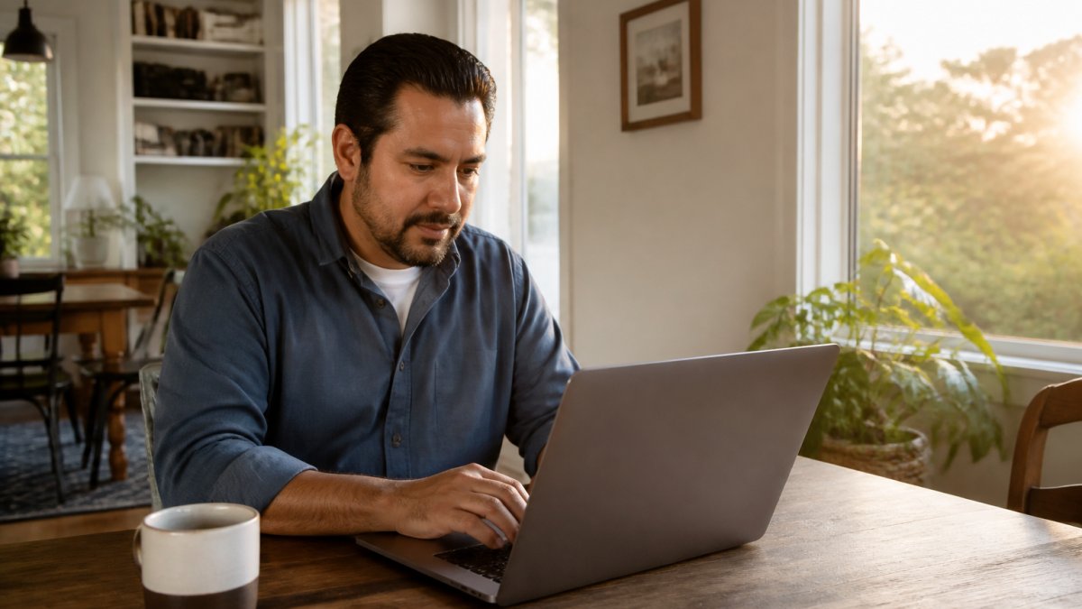 Professional at desk with laptop entering information into an online course registration form, with coffee cup nearby, natural office lighting