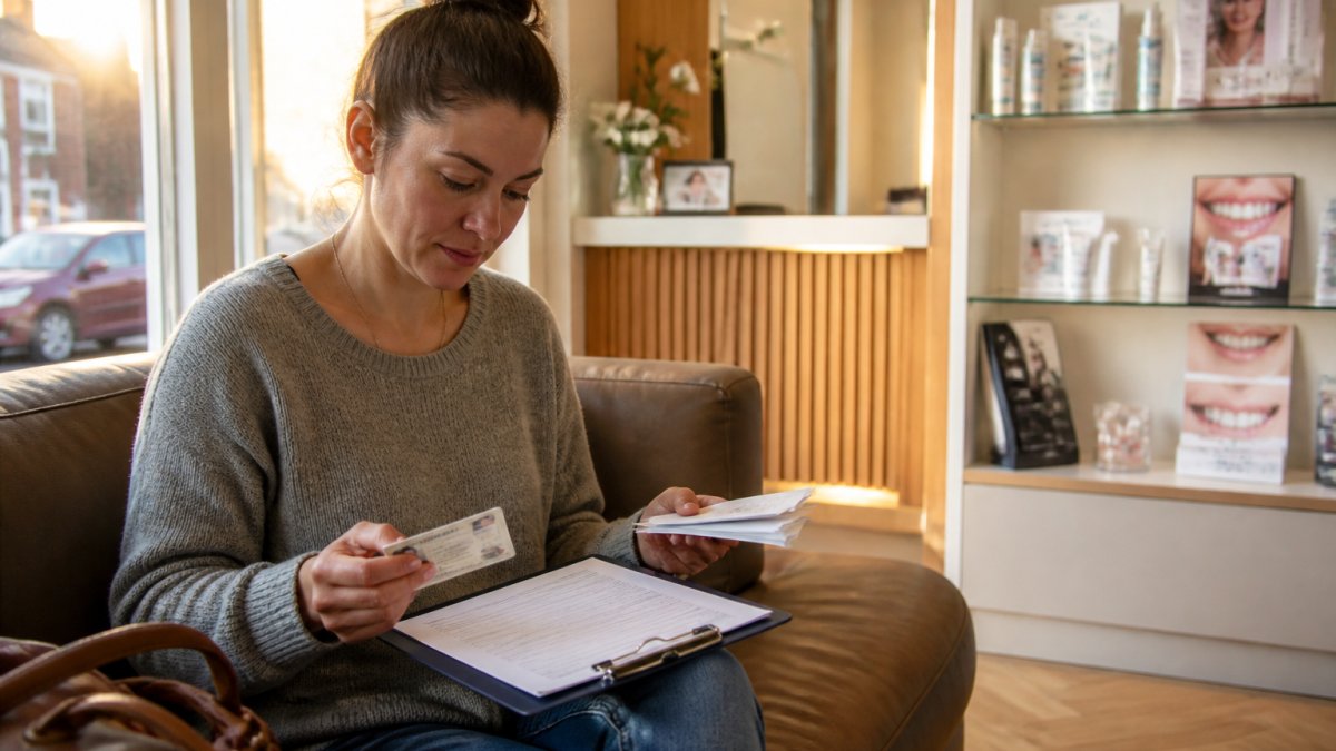 Patient holding ID and forms to register emergency dentist in a dental office waiting room