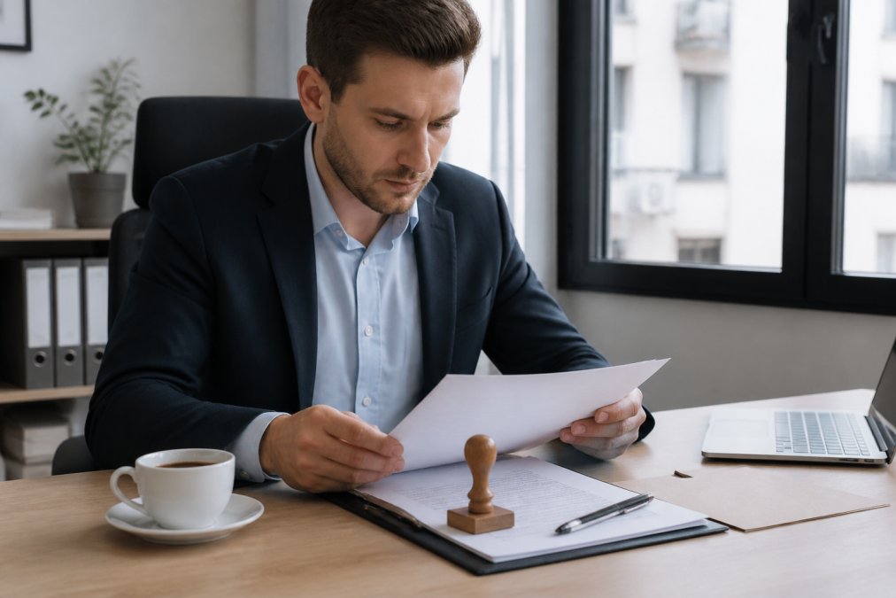 A founder reviewing incorporation documents and a laptop at a tidy desk, with a notary stamp and pen resting on the paperwork beside a coffee cup