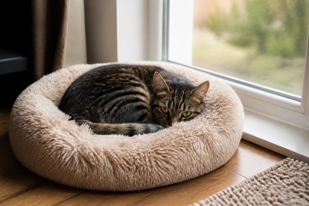 A rescued cat curled up in a round plush bed by a window, with soft natural light creating a calm and safe environment