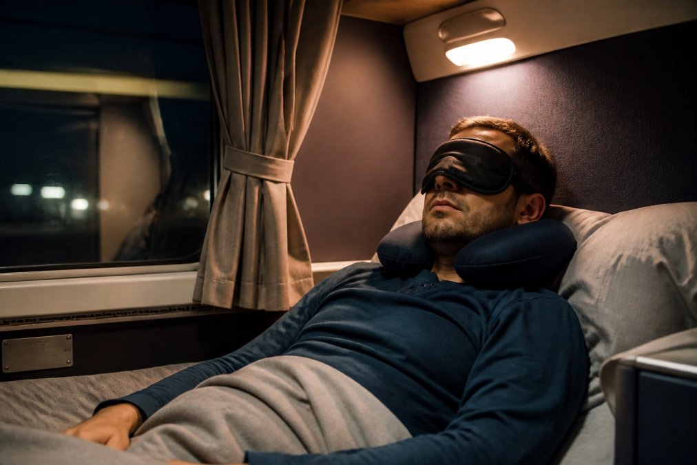 Voyageur équipé d'un masque et d'un coussin pour appliquer la règle sommeil dans un wagon de train de nuit.