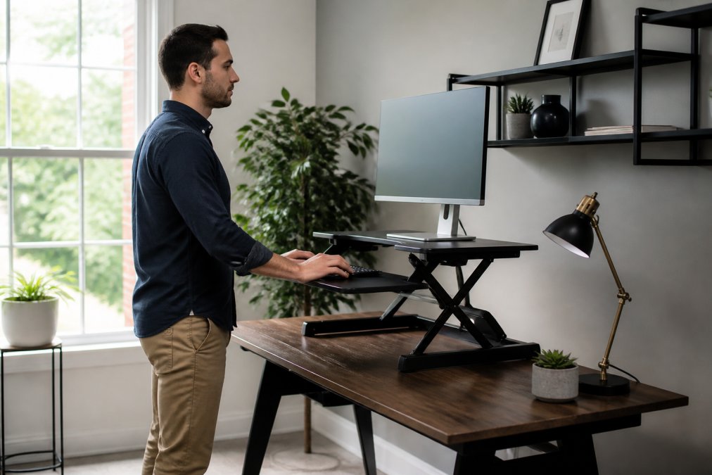 Person working at a standing desk converter positioned on a regular desk, with proper monitor height alignment and relaxed posture, in a bright home office environment