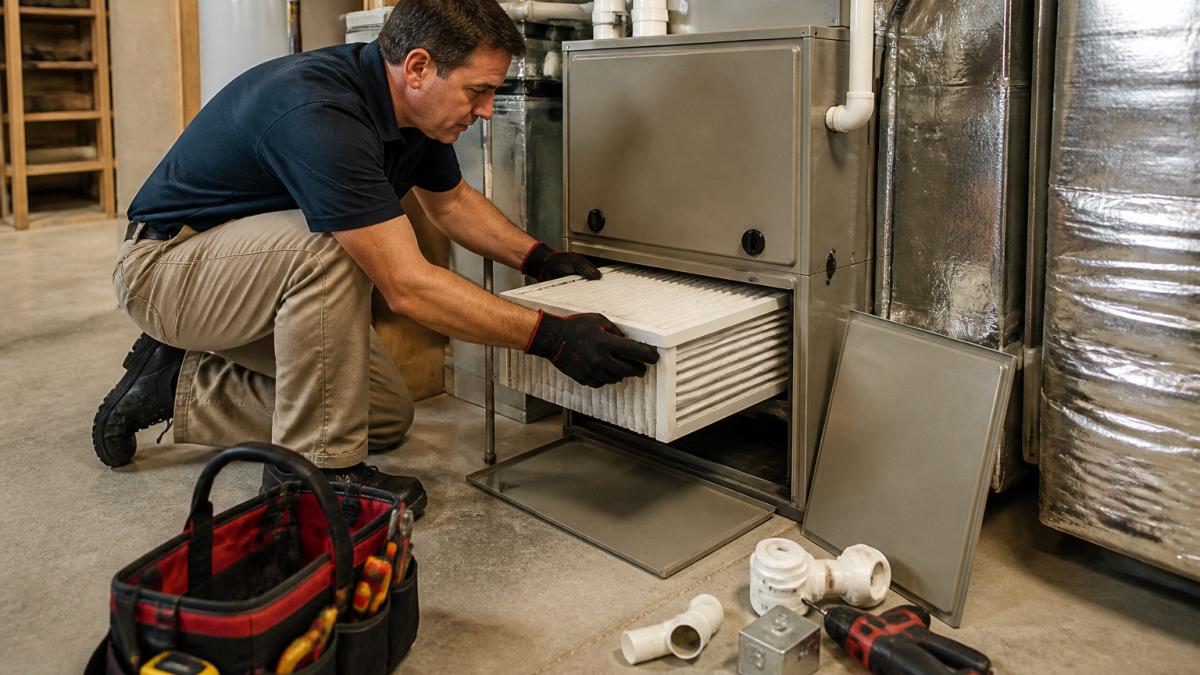 Professional HVAC technician inspecting and replacing a white air filter inside a residential furnace unit, with tools and parts visible on the floor in a basement setting