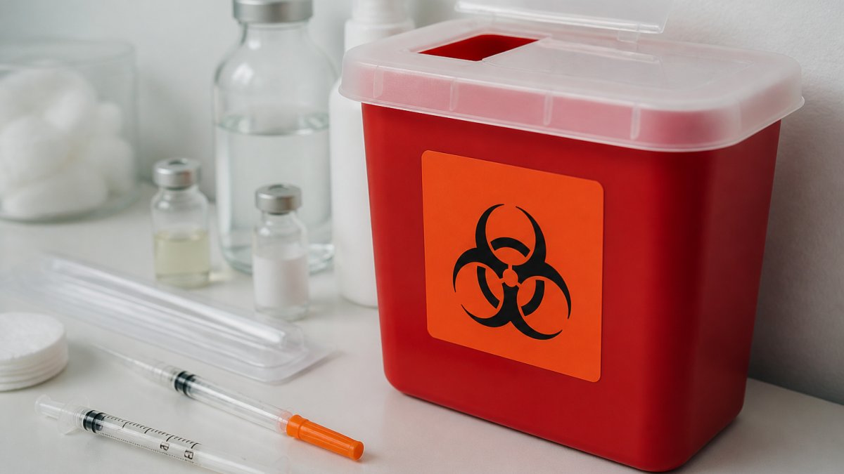 Close-up of a red FDA-cleared sharps disposal container with biohazard label, sitting on a clean surface with used needles and syringes nearby, showing proper storage setup