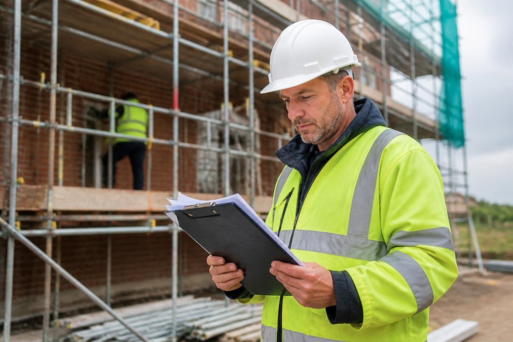 A construction site manager in a hard hat and high-visibility vest reviewing safety documents on a clipboard, with scaffolding visible in the background