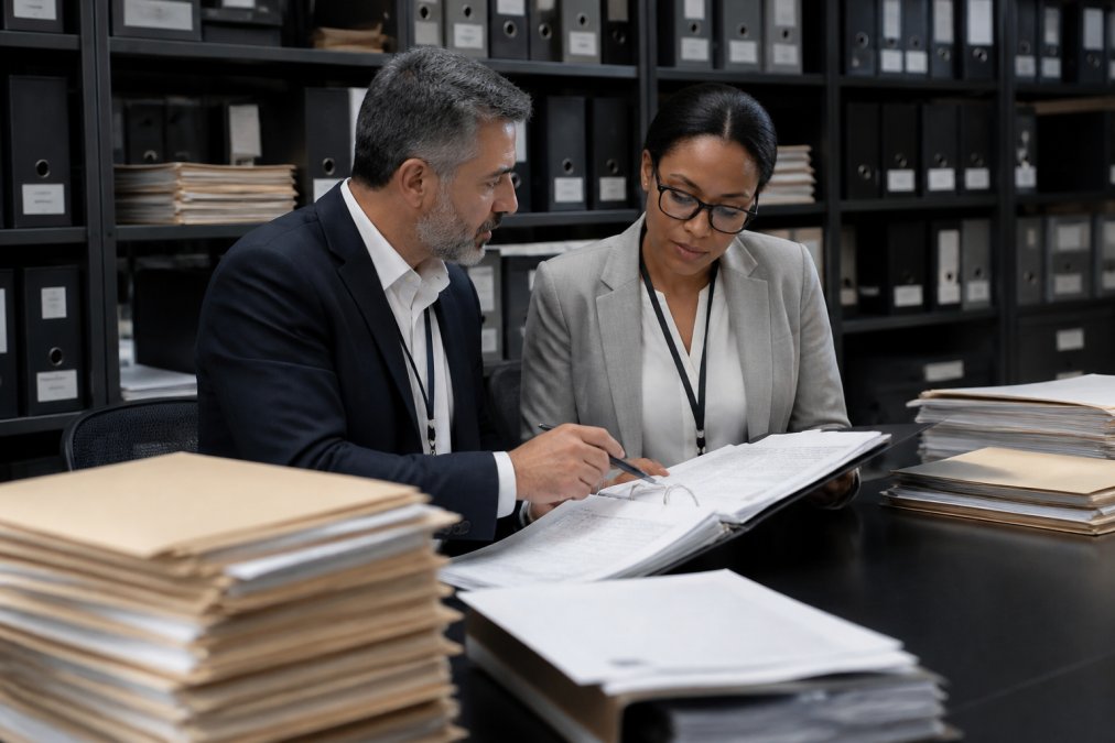 Security architect and compliance officer reviewing audit documentation and verification logs on dual-monitor setup in secure operations center with organized filing systems visible