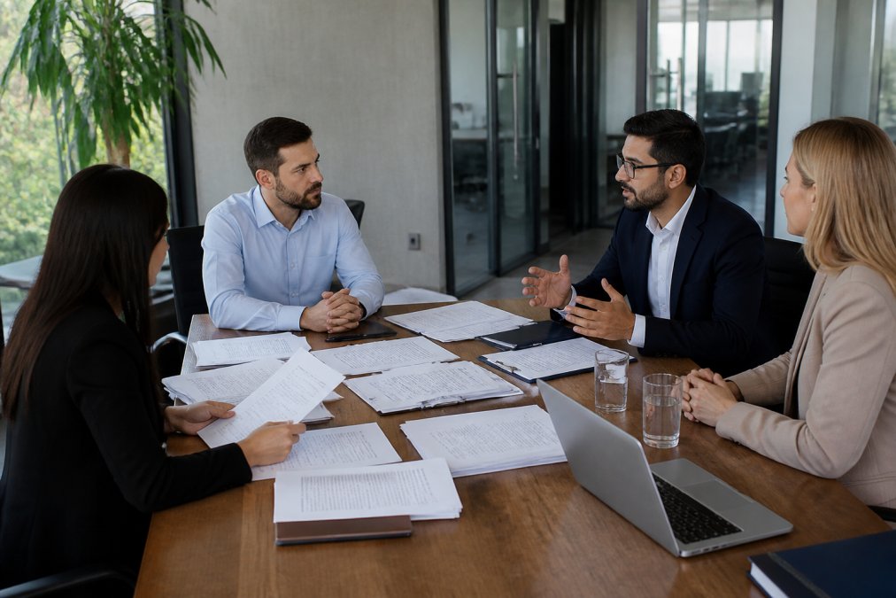 Enterprise team conducting due diligence meeting, reviewing vendor security certifications and integration architecture diagrams spread across conference table with laptops and documentation visible