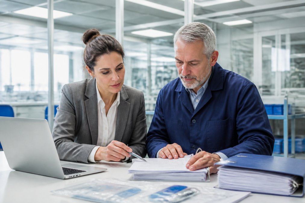 Regulatory affairs manager and auditor reviewing documents for a regulatory due diligence compliance check