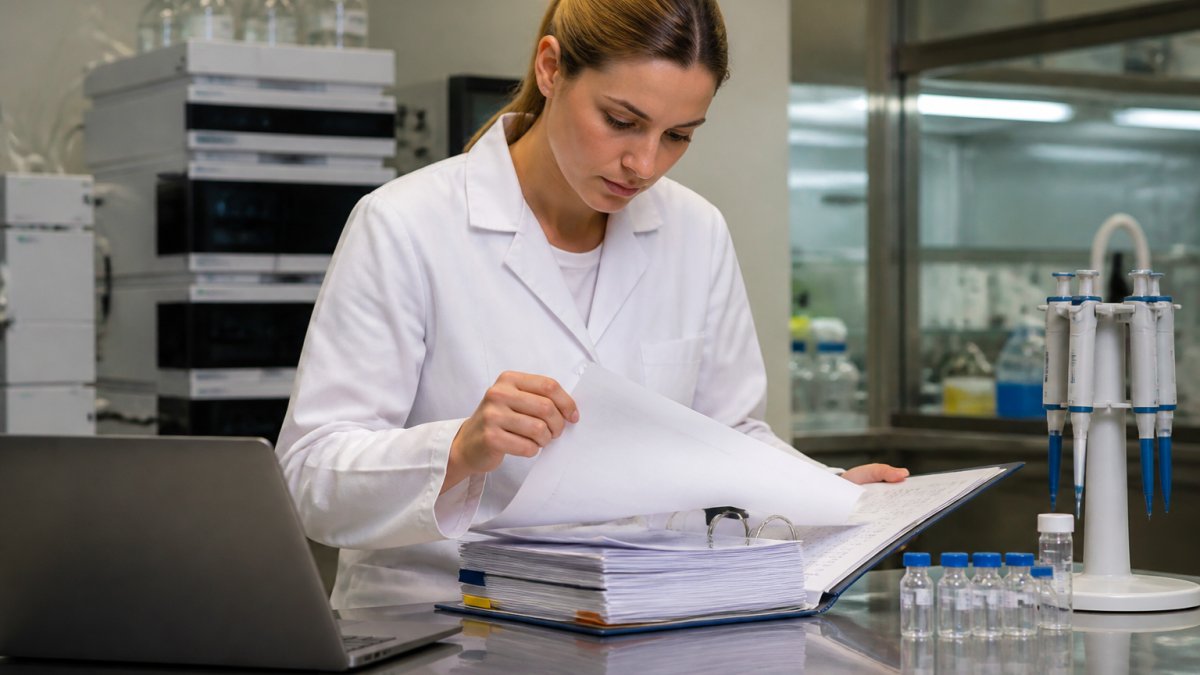 A scientist in a clean lab coat reviewing a thick regulatory binder and laptop on a stainless steel bench, with HPLC vials and pipettes visible in the background