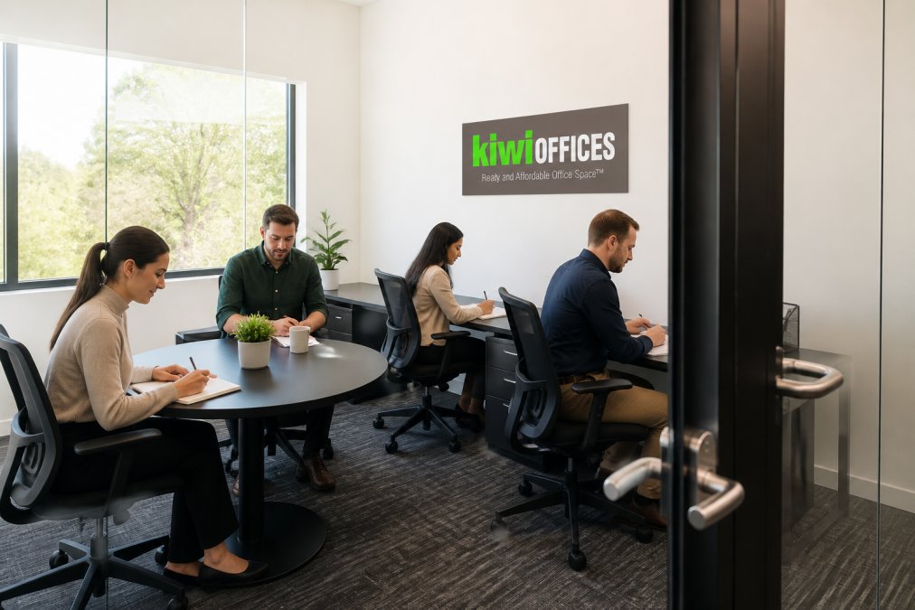 A four-person team working in a private office suite as a cost-effective Regus alternative for small businesses.
