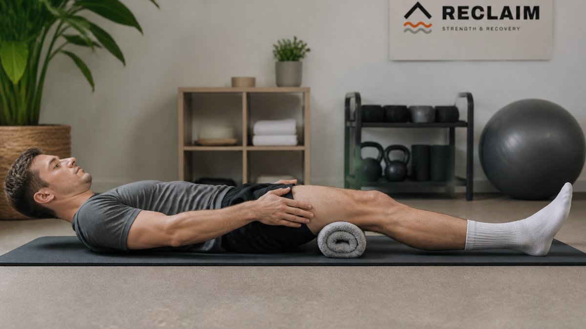 Person lying on a mat performing quad set exercises to activate the thigh muscles after knee surgery