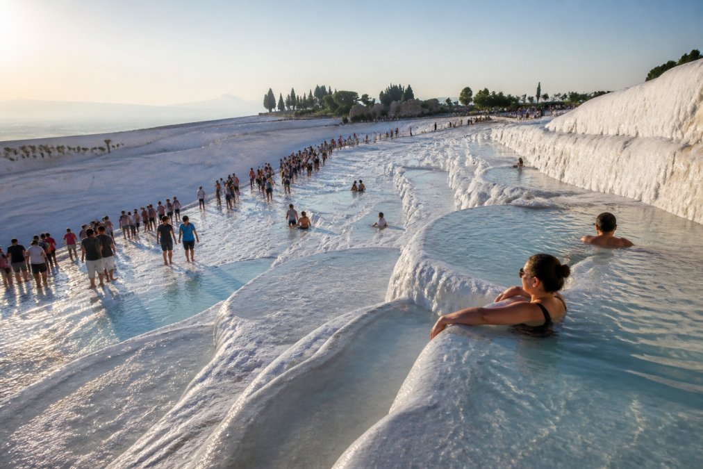 Pamukkale'nin beyaz travertenleri ve turist grupları, termal havuzlarda dinlenen ziyaretçiler, sabah ışığında çekilen geniş açı görüntü