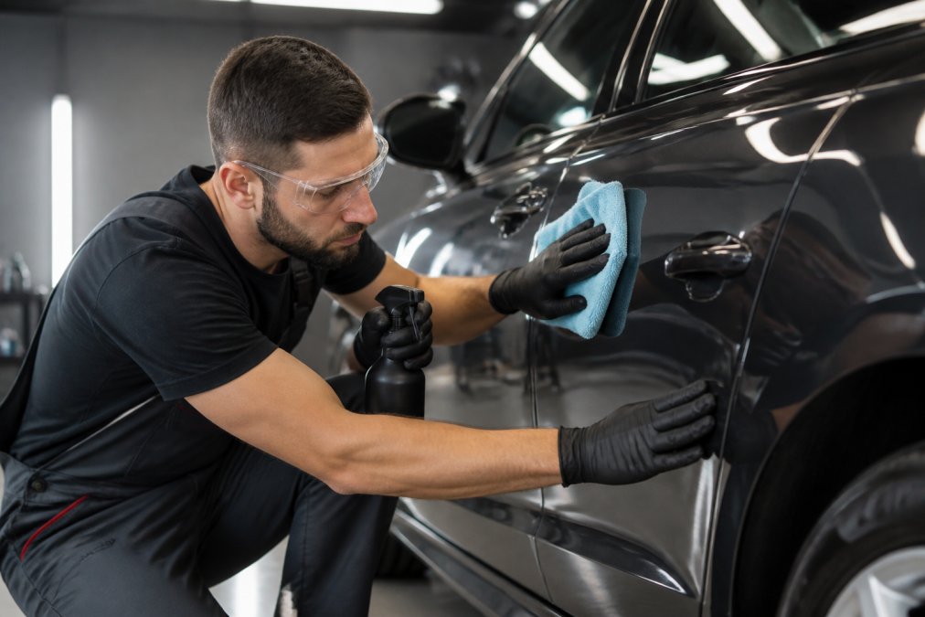 Detailer die voorzichtig een ontvetter aanbrengt op glanzende autolak met een zachte microvezeldoek, met nitrielhandschoenen en veiligheidsbril zichtbaar in professionele werkplaats