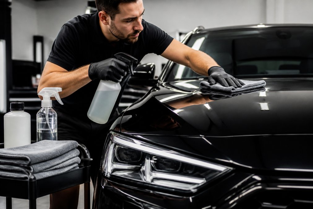Professionele detailer die een pH-neutrale reiniger gebruikt op een glanzende auto met keramische coating, met microvezeldoeken en spuitfles zichtbaar in schone werkplaats