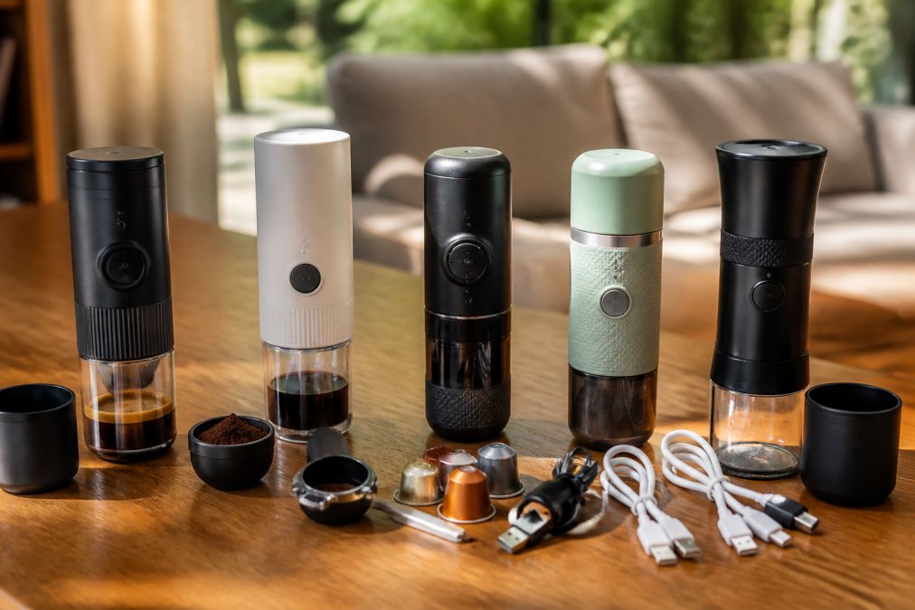 Udvalg af fem forskellige bærbare espressomaskiner stillet op på et træbord i naturligt dagslys, nogle med synlige USB-kabler, batterier og tilbehør omkring dem