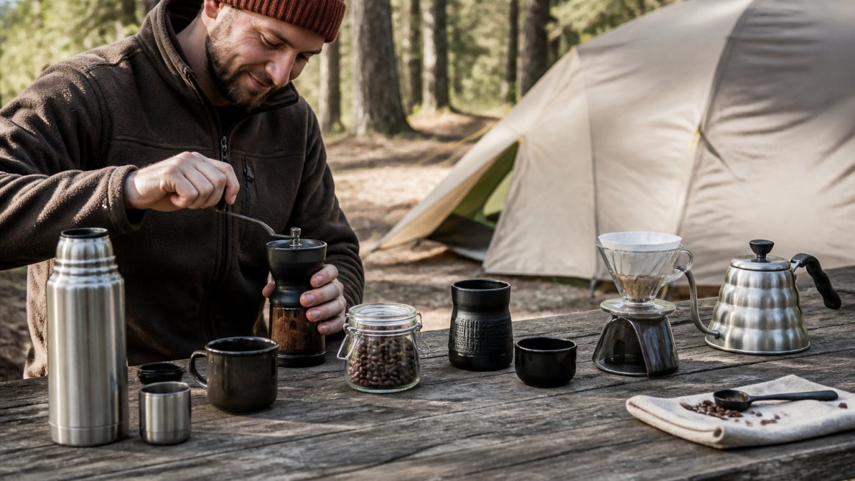 Friluftsentusiast bruger en manuel kaffekværn ved et telt i åben natur, med kaffebønner, termokande og bryggudstyr omkring sig på en træ-picnicbord, naturligt dagslys gennem træerne