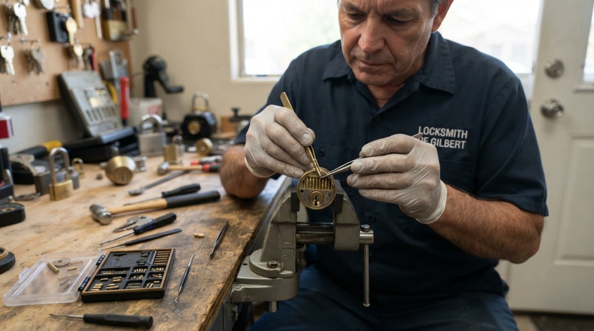 Professional locksmith's hands working on removing a deadbolt cylinder from a residential door, showing the internal pins and springs visible inside the lock mechanism with natural workshop lighting