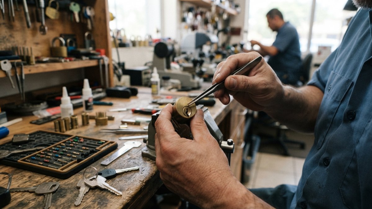 Close-up of hands using a plug follower and tweezers to remove pins from a lock cylinder on a workbench with rekeying tools nearby