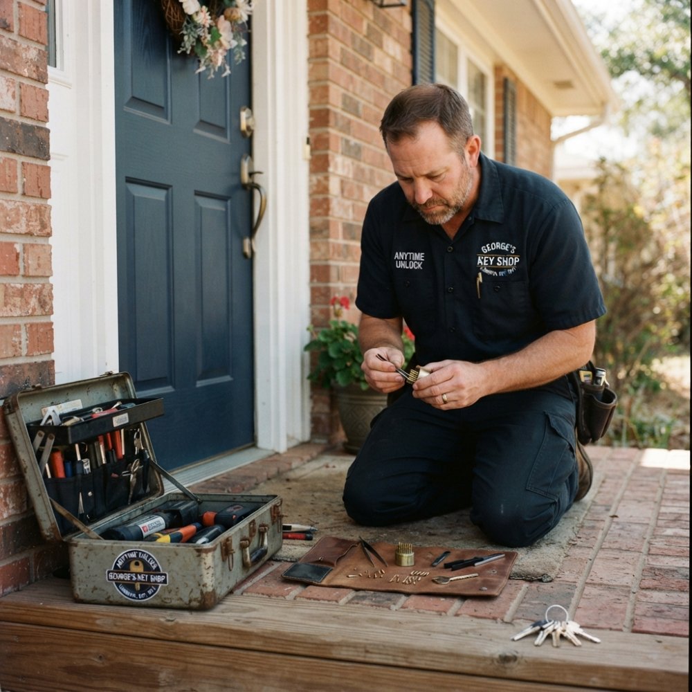 Professional locksmith using hand tools for rekeying locks on a residential front door deadbolt