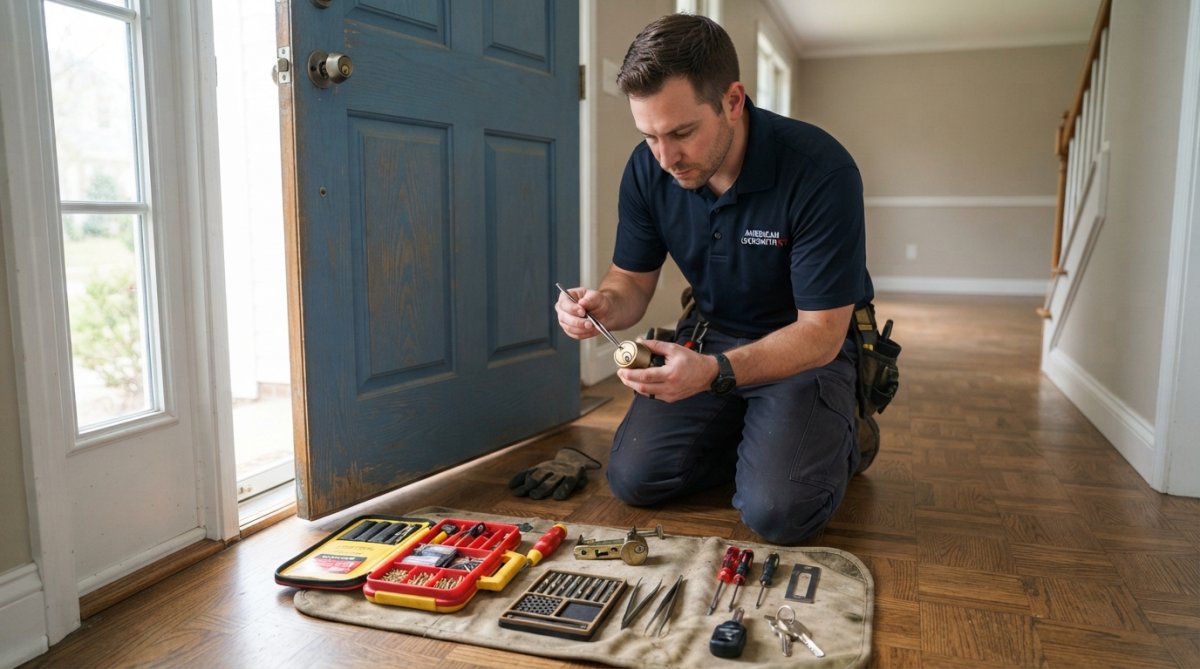 A locksmith in work clothes kneeling at a residential front door, holding a rekeying kit with pin tumbler tools, focused on the deadbolt cylinder in a well-lit entryway