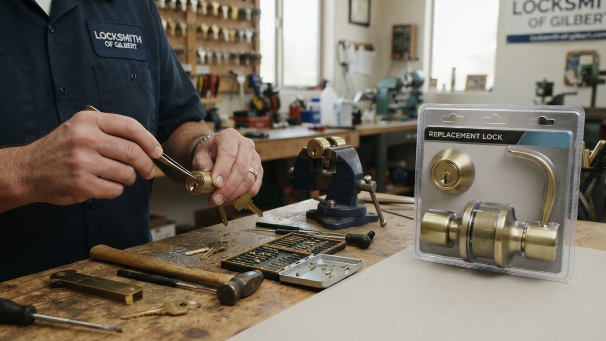 Close-up of a locksmith's hands using a pinning kit to rekey a brass door lock cylinder on a workbench, with small pins and tools laid out nearby