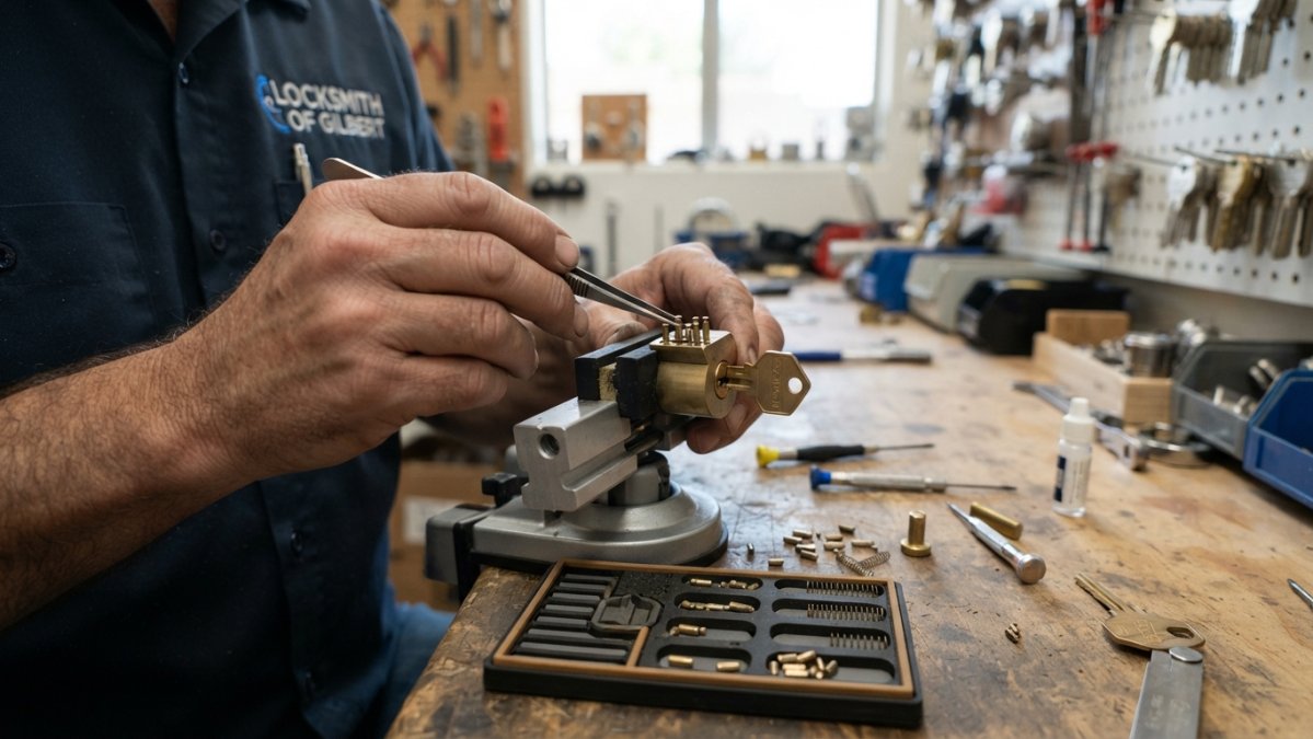 Professional locksmith's hands carefully removing key pins and driver pins from a lock cylinder over a organized work tray, with tweezers and small metal components visible