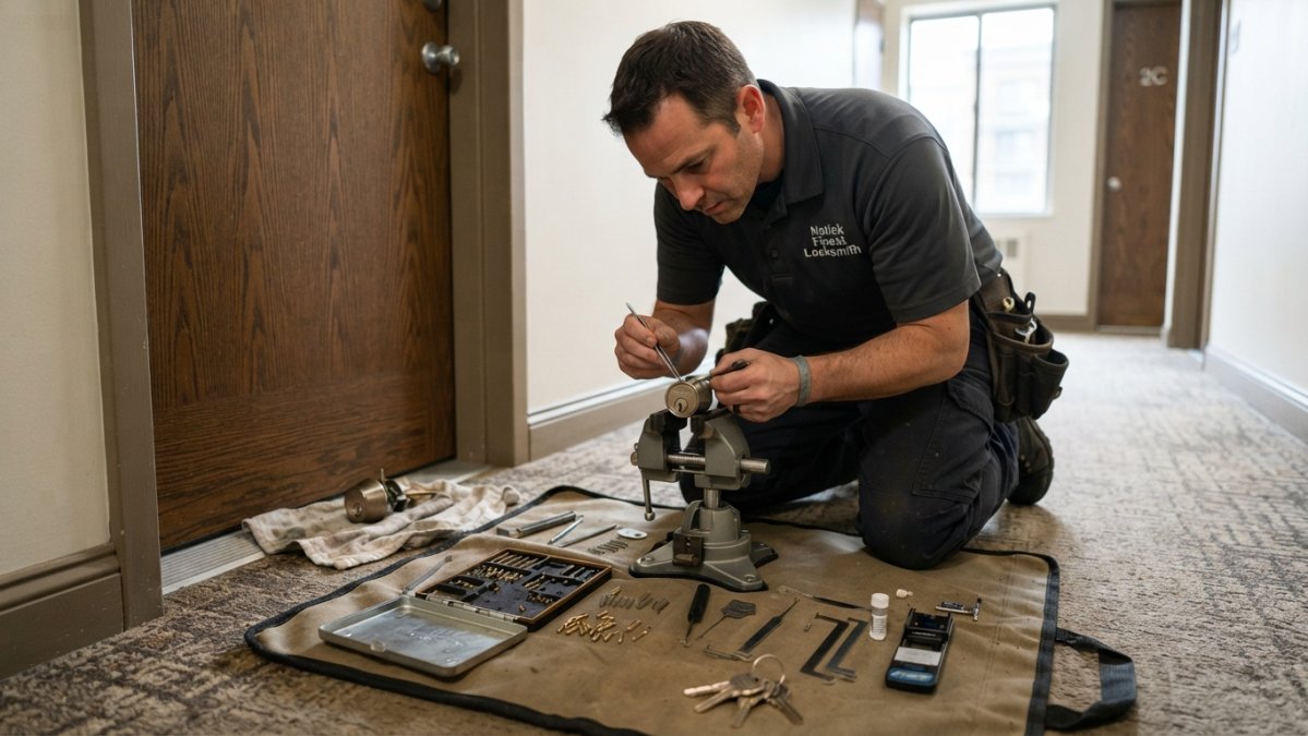 A locksmith in work clothes kneeling at a residential door, using a rekeying kit with pins and tools spread on a mat, focused on the lock cylinder