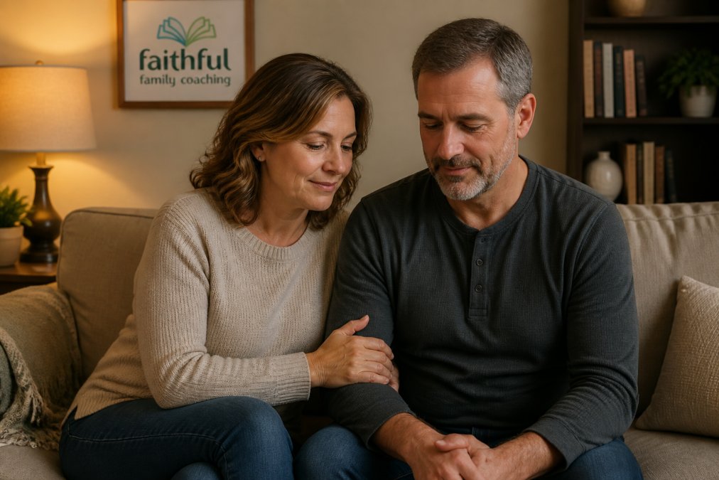 A married couple sitting on a couch, holding hands to practice rekindling physical intimacy through gentle touch.