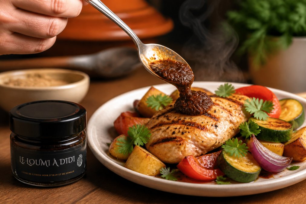 A spoonful of artisanal harissa paste being added to a steaming plate of grilled chicken and roasted vegetables, with fresh cilantro leaves scattered nearby and warm kitchen lighting