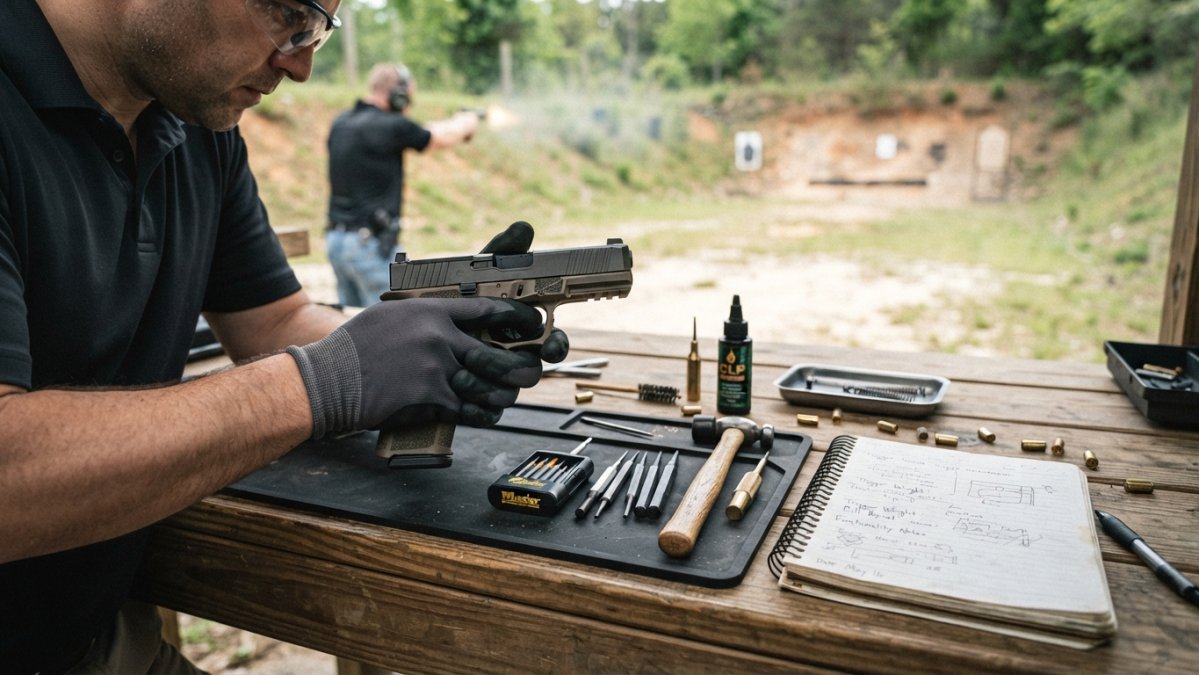 A shooter at an outdoor range performing a live-fire function test with a compact carry pistol, spent casings and a notebook with range notes visible on the bench
