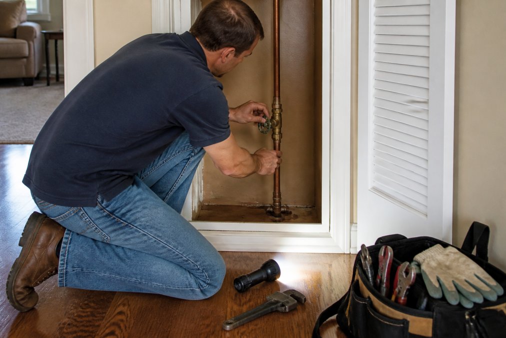 Homeowner turning a brass main water valve before calling 24 hour plumbing services for an emergency leak.