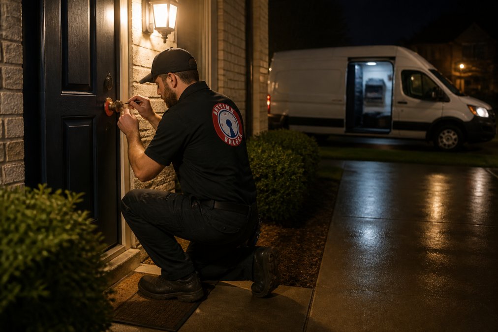 A locksmith technician in work clothes kneeling at a residential front door at night, using a lock pick tool on a deadbolt while a porch light illuminates the entryway and a service van is visible in the driveway