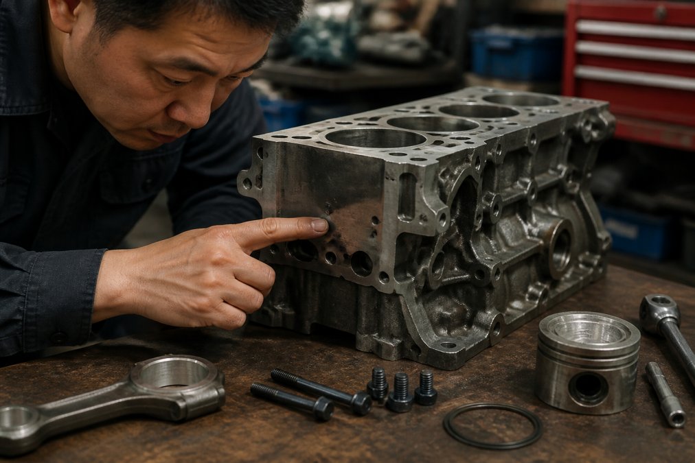 Professional mechanic examining engine component markings under bright workshop lighting, inspecting part serial numbers and manufacturing details on a Japanese engine block