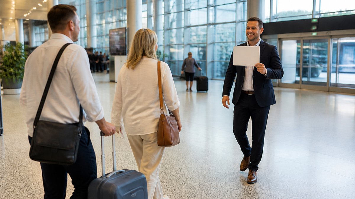 Professional driver holding a name sign at Brisbane Airport arrivals hall, with passengers approaching with luggage, modern terminal building and information screens visible in background