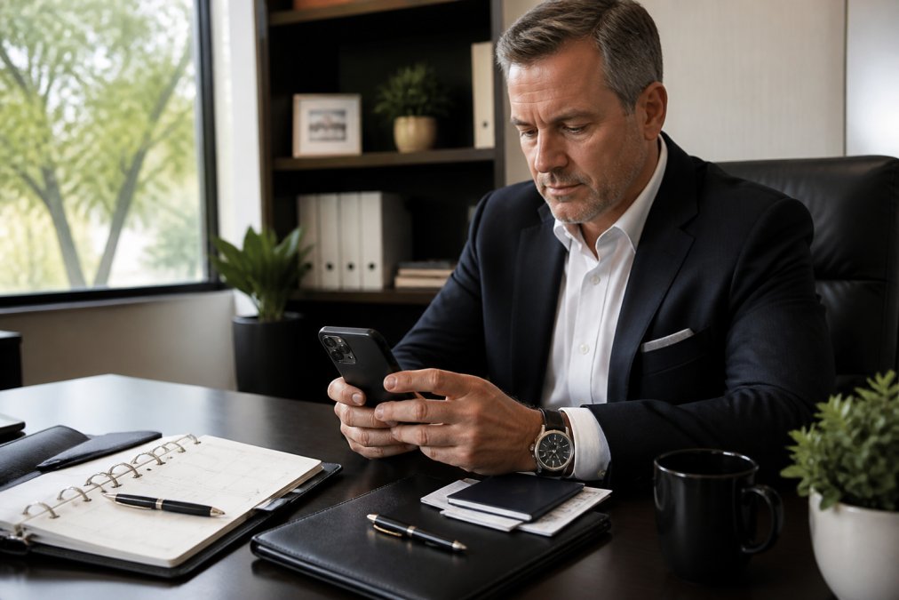 Corporate executive using smartphone to book transportation while sitting at desk with calendar and travel documents visible, natural office lighting