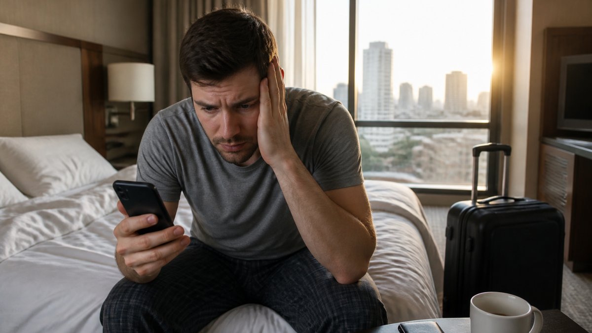 Traveler in hotel room looking stressed at phone with missed alarm notification on screen, morning light through window