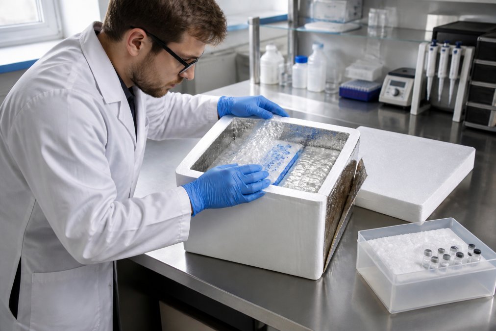 Laboratory technician inspecting a temperature-controlled shipping container with cold packs on a stainless steel bench