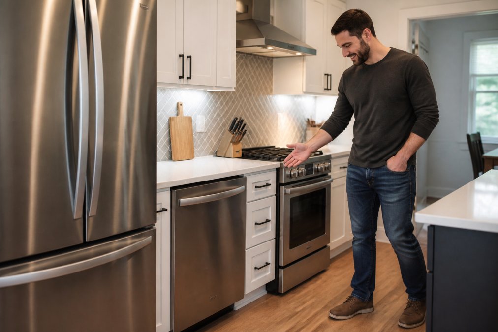 Modern kitchen with stainless steel appliances including refrigerator, dishwasher, and range, showing a homeowner inspecting the appliances with satisfaction