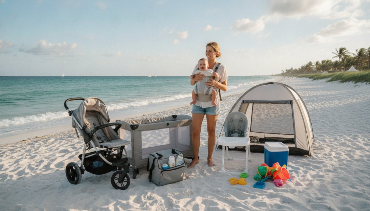Parent unpacking a rental crib and stroller in a bright vacation condo with beach view through sliding glass doors, morning sunlight streaming across the room