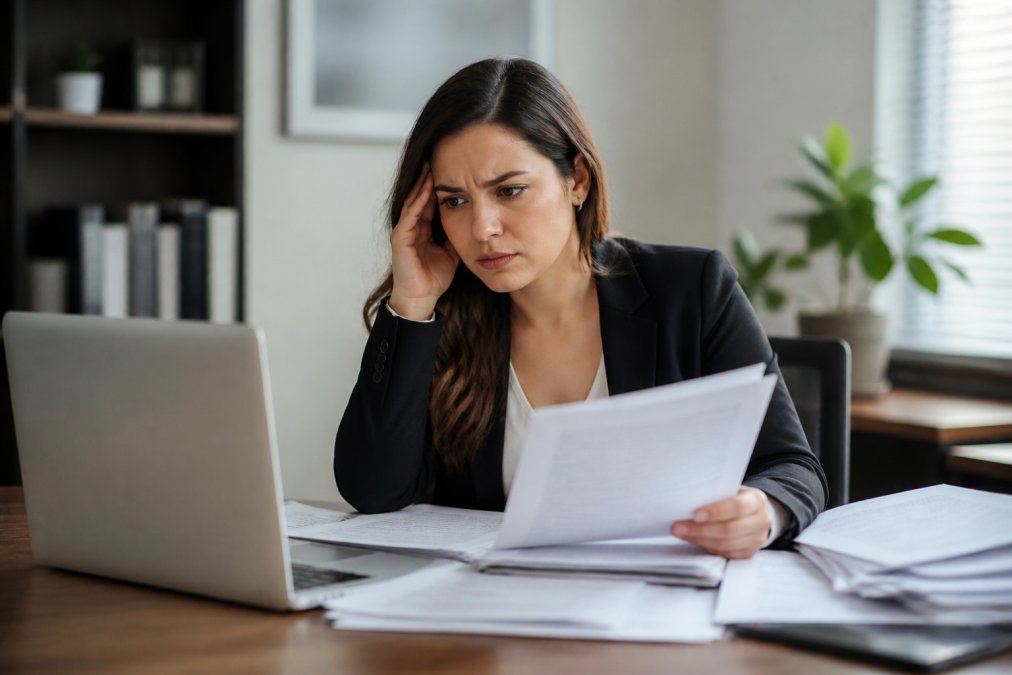 Person at desk reviewing documents with concerned expression, checking information on computer screen, papers spread across the table in professional office setting