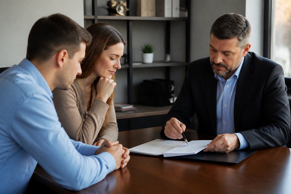 Two people sitting across table in professional office reviewing paperwork together, bail bondsman or legal representative present, natural office lighting