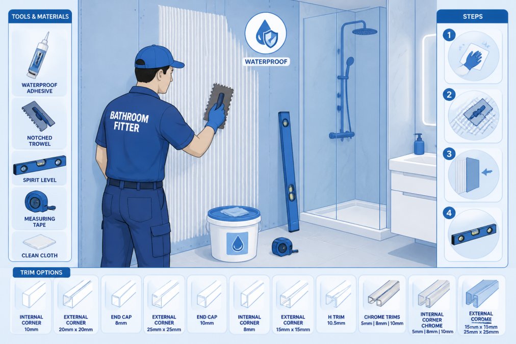 Professional bathroom fitter applying waterproof adhesive to prepared wall surface with trowel, showing correct technique and workspace organization in modern bathroom